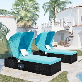 76.8" Long Reclining Single Chaise Lounge with Cushions; Canopy and Cup Table; Black Wicker+ Blue Cushion; Set of 2