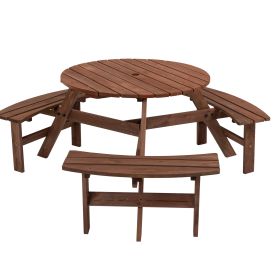 6-Person Circular Outdoor Wooden Picnic Table for Patio; Backyard; Garden; DIY w/ 3 Built-in Benches; 1720lb Capacity - Brown