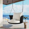 GO 33.8' Single Person Hanging Seat; Rattan Woven Swing Chair; Porch Swing With Ropes; Black Wicker And White Cushion