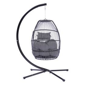 Outdoor Patio Wicker Folding Hanging Chair; Rattan Swing Hammock Egg Chair With C Type Bracket; With Cushion And Pillow