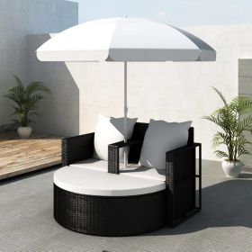 Patio Bed with Parasol Black Poly Rattan