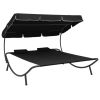 Patio Lounge Bed with Canopy and Pillows Black