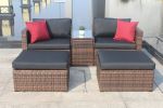 5 Pieces Outdoor Patio Garden Brown Wicker Sectional Conversation Sofa Set with Black Cushions and Red Pillows; w/ Furniture Protection Cover