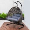 Charcoal Wicker Hanging Double-Seat Swing Chair with Stand w/Dust Blue Cushion