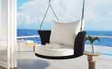 GO 33.8' Single Person Hanging Seat; Rattan Woven Swing Chair; Porch Swing With Ropes; Black Wicker And White Cushion