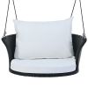 GO 33.8' Single Person Hanging Seat; Rattan Woven Swing Chair; Porch Swing With Ropes; Black Wicker And White Cushion