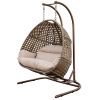 Brown Wicker Hanging Double-Seat Swing Chair with Stand w/Beige Cushion