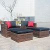 5 Pieces Outdoor Patio Garden Brown Wicker Sectional Conversation Sofa Set with Black Cushions and Red Pillows; w/ Furniture Protection Cover