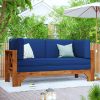 Outdoor Patio Extendable Wooden Sofa Set Sectional Furniture Set with Thick Cushions for Balcony; Backyard; Poolside; Brown Finish+Blue Cushion