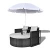 Patio Bed with Parasol Black Poly Rattan