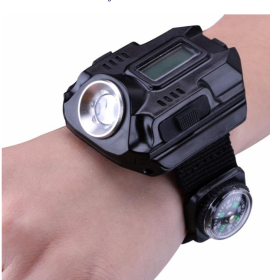 LED watch flashlight flashlight portable light USB charging 4 mode light tactical flashlight time display with compass (Color: Black)