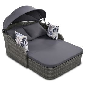 79.9" Outdoor Sunbed with Adjustable Canopy; Double lounge; PE Rattan Daybed; White Wicker; Gray Cushion (Color: as Pic)