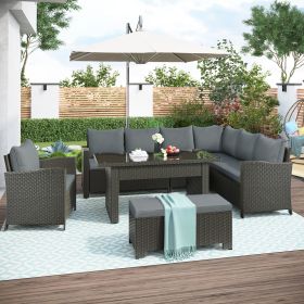 Patio Furniture Set;  6 Piece Outdoor Conversation Set;  Dining Table Chair with Bench and Cushions (Color: as Pic)