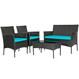 4 Pieces Patio Rattan Cushioned Sofa Set with Tempered Glass Coffee Table (Color: as Pic)