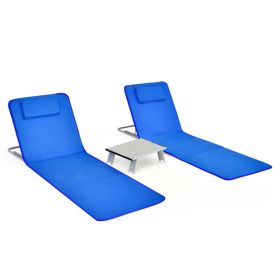 3 Pieces Beach Lounge Chair Mat Set 2 Adjustable Lounge Chairs with Table Stripe (Color: as Pic)