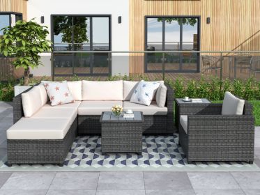 8 Piece Rattan Sectional Seating Group with Cushions, Patio Furniture Sets, Outdoor Wicker Sectional (Color: as Pic)