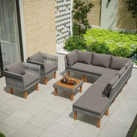 9-Piece Outdoor Patio Garden Wicker Sofa Set, Gray PE Rattan Sofa Set, with Wood Legs, Acacia Wood Tabletop, Armrest Chairs with Cushions (Color: as Pic)