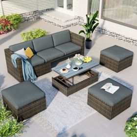 Patio Furniture Sets, 5-Piece Patio Wicker Sofa with Adustable Backrest, Cushions, Ottomans and Lift Top Coffee Table (Color: as Pic)