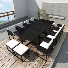 13 Piece Patio Dining Set with Cushions Poly Rattan Black (Color: Black)