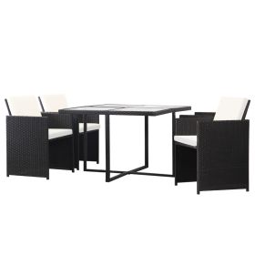 5 Piece Patio Dining Set with Cushions Poly Rattan Black (Color: Black)