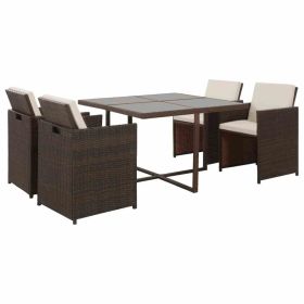 5 Piece Patio Dining Set with Cushions Poly Rattan Brown (Color: Brown)