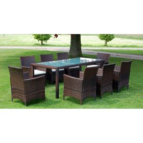 9 Piece Patio Dining Set with Cushions Poly Rattan Brown (Color: Brown)