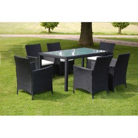 7 Piece Patio Dining Set with Cushions Poly Rattan Black (Color: Black)