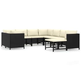 9 Piece Patio Lounge Set with Cushions Poly Rattan Black (Color: Black)