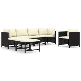 7 Piece Patio Lounge Set with Cushions Poly Rattan Black (Color: Black)