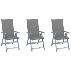 Patio Reclining Chairs 3 pcs with Cushions Solid Acacia Wood (Color: Grey)