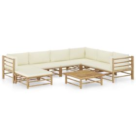 8 Piece Patio Lounge Set with Cream White Cushions Bamboo (Color: Brown)