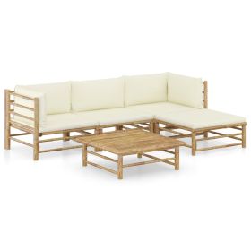 5 Piece Patio Lounge Set with Cream White Cushions Bamboo (Color: Brown)