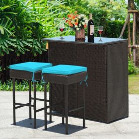 3 Pieces Patio Rattan Wicker Bar Table Stools Dining Set (Color: as Pic)