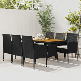 7 Piece Patio Dining Set Poly Rattan Black (Color: Black)