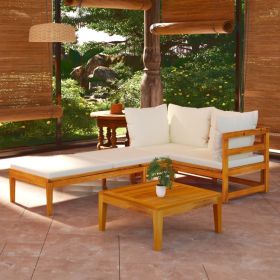 3 Piece Patio Lounge Set with Cream White Cushions Acacia Wood (Color: Cream)