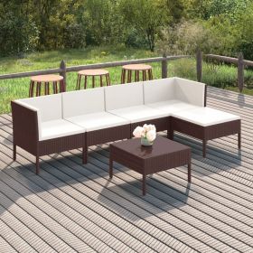 6 Piece Patio Lounge Set with Cushions Poly Rattan Brown (Color: Brown)