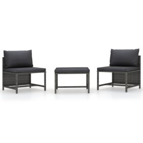 3 Piece Patio Sofa Set with Cushions Gray Poly Rattan (Color: Grey)