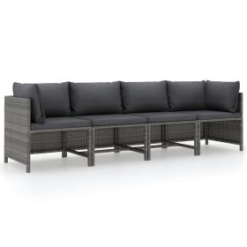 4-Seater Patio Sofa with Cushions Gray Poly Rattan (Color: Grey)