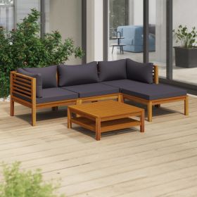 5 Piece Patio Lounge Set with Cushion Solid Acacia Wood (Color: Grey)