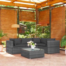 5 Piece Patio Lounge Set with Cushions Poly Rattan Gray (Color: Grey)