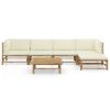 6 Piece Patio Lounge Set with Cream White Cushions Bamboo